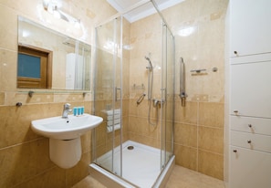 Shower, hair dryer, towels