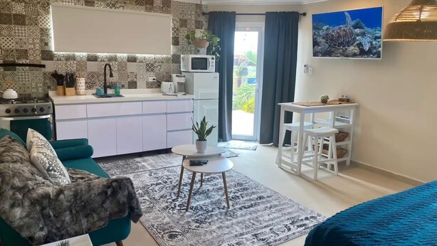 A compact living space with a kitchenette, a dining area, and a large window.