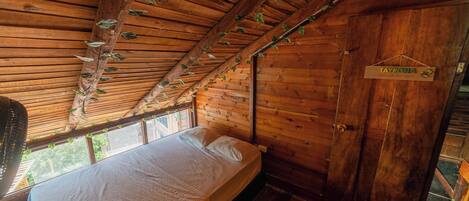 A wooden cabin room with a bed, a window with a view, and a door labeled "TAYRONA".