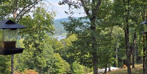 A view of a lake surrounded by trees and a grassy area with a building in the background. - Cozy Cabin Greers Ferry Lake View (Clinton)