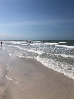 On the beach, sun loungers, beach towels