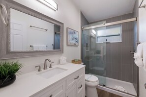 Shower, hair dryer, towels