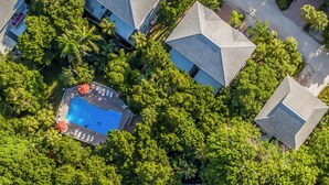 Vista aérea de una zona residencial con varias casas, piscina y abundante vegetación.