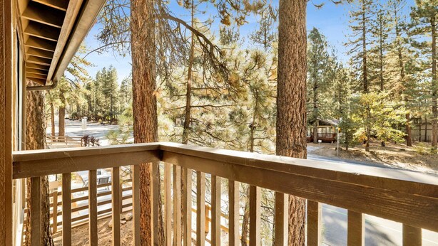 A wooden balcony with a view of a forested area and a road. - Summit Ski Resort Mountain View Condo - Walk to Snow Summit (Big Bear Lake)