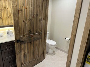 Hair dryer, towels, soap, toilet paper