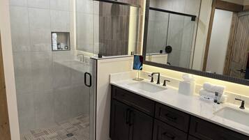 Hair dryer, towels, soap, toilet paper