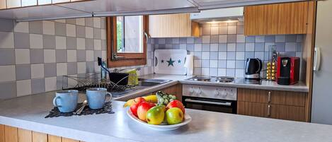 Fridge, oven, dishwasher, cookware/dishes/utensils