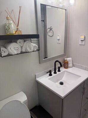 Hair dryer, towels, soap, toilet paper