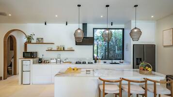 Luxury Villa, 3 Bedrooms, Patio, Pool View | Private kitchen | Fridge, microwave, oven, stovetop