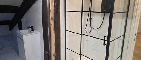 Shower, hair dryer, towels