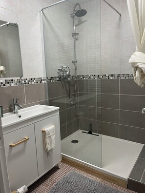 Shower, towels, soap, toilet paper