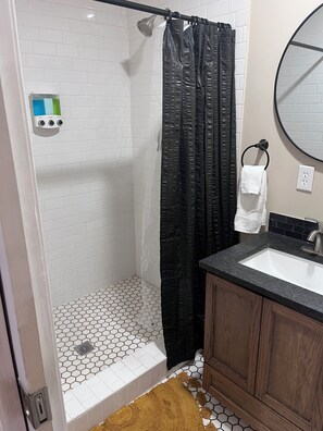 Shower, hair dryer, bidet, towels