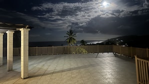 Eine Dachterrasse mit Blick auf den Ozean und einer Palme.