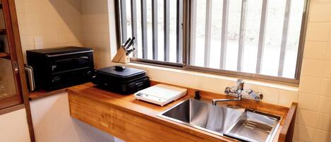 Fridge, microwave, oven, electric kettle