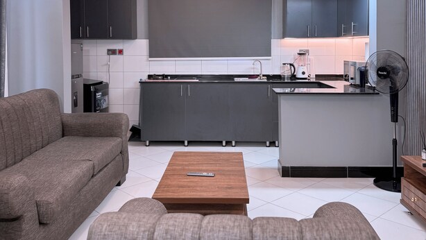 Un salon moderne avec un canapé et une table basse, une cuisine avec des meubles gris et un îlot central, ainsi qu’un luminaire au plafond.