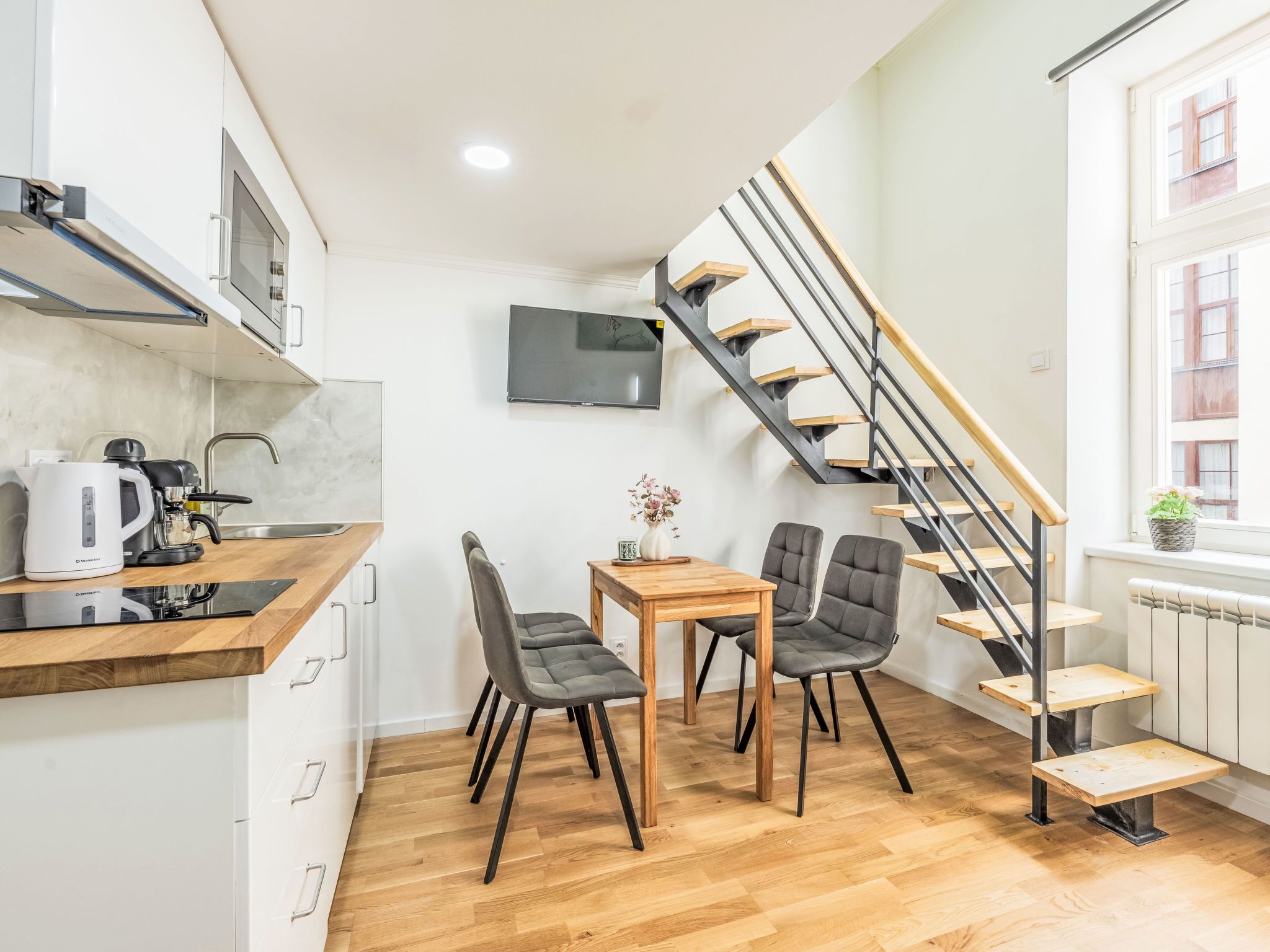 Fridge, microwave, cookware/dishes/utensils