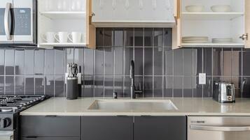 Fridge, microwave, oven, dishwasher