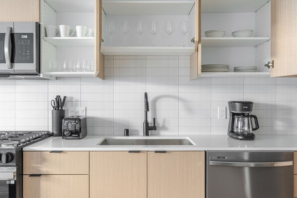 Fridge, microwave, oven, dishwasher