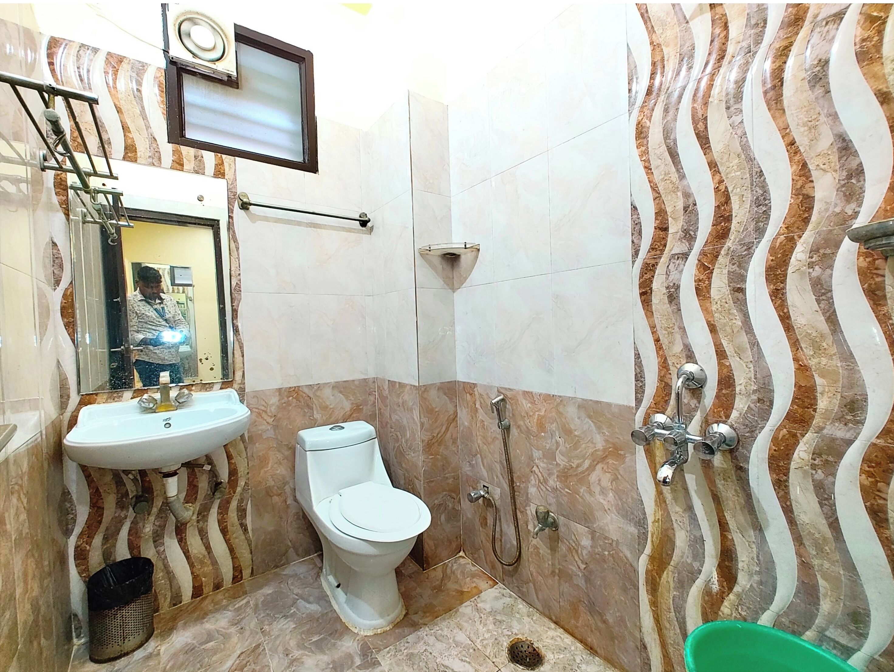 Shower, rainfall showerhead, slippers, towels