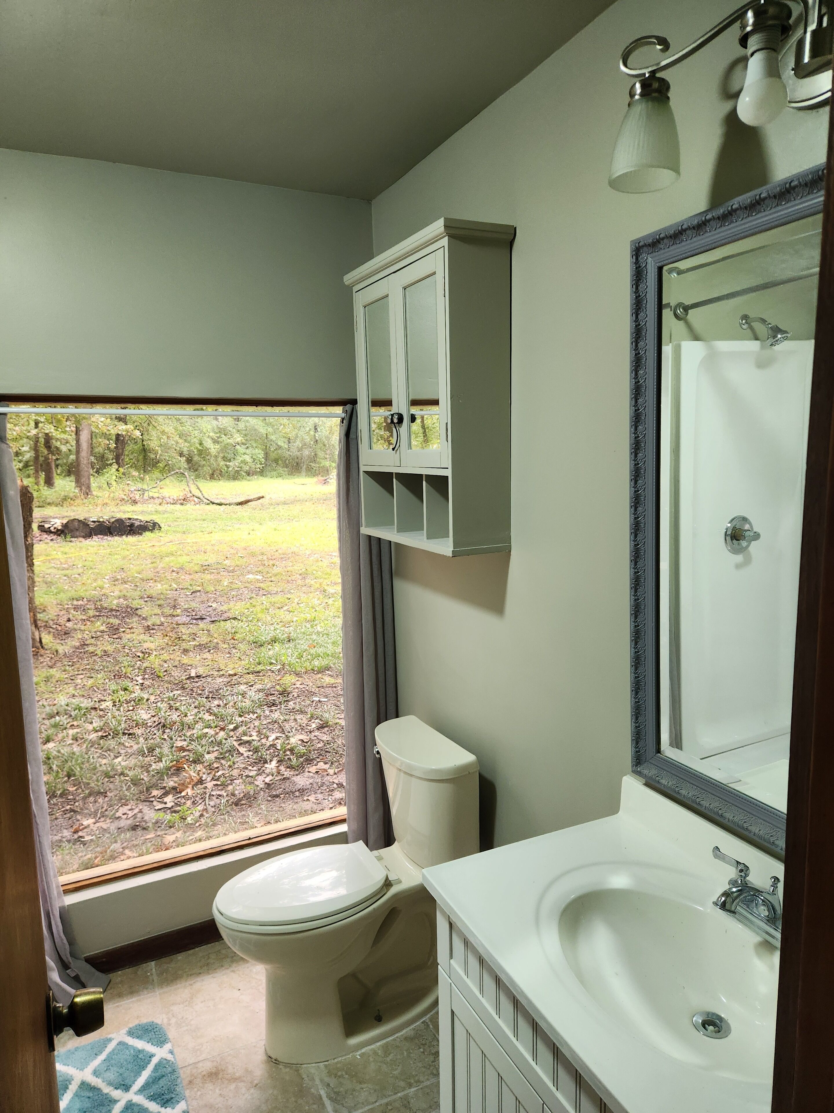 Shower, towels, soap, toilet paper