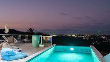 Outdoor pool, pool umbrellas, pool loungers