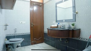 Bidet, towels, soap, toilet paper