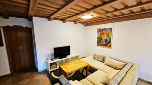 Un saló amb sostre de fusta, una televisió sobre un suport blanc, un sofà amb coixins estampats i un quadre de flors de colors a la paret.