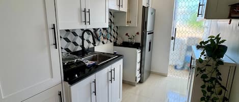 Fridge, microwave, stovetop, coffee/tea maker