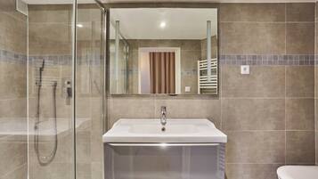 Shower, hair dryer, towels