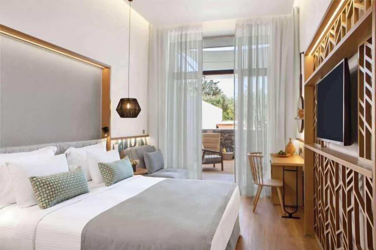 A hotel room with a bed, a desk, a TV, and a view of the outdoors.