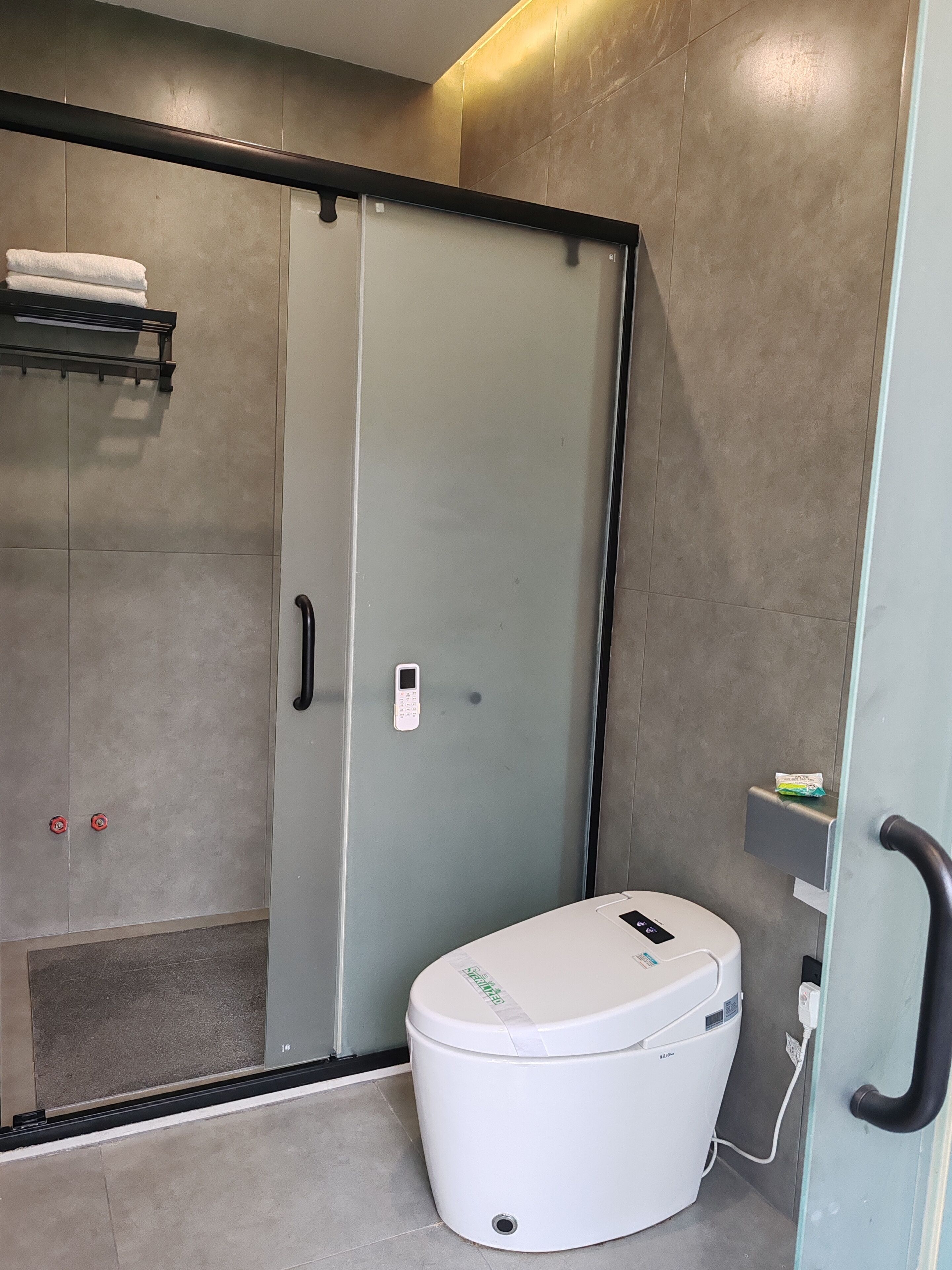 Et moderne badeværelse med brusekabine i glas, et hvidt toilet og en håndklæderække.