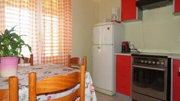 Coffee/tea maker, fridge, microwave, oven