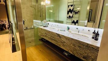 Shower, towels, toilet paper