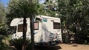 Una autocaravana blanca con la marca 'McLUS' estacionada en una zona boscosa, rodeada de árboles y una escalera de piedra.