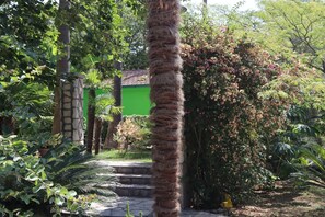 Un sendero en un jardín que lleva a un edificio con fachada verde.