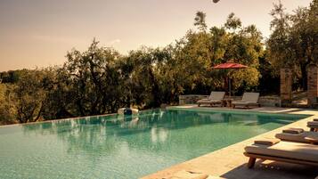 Piscina all'aperto, ombrelloni da piscina, lettini