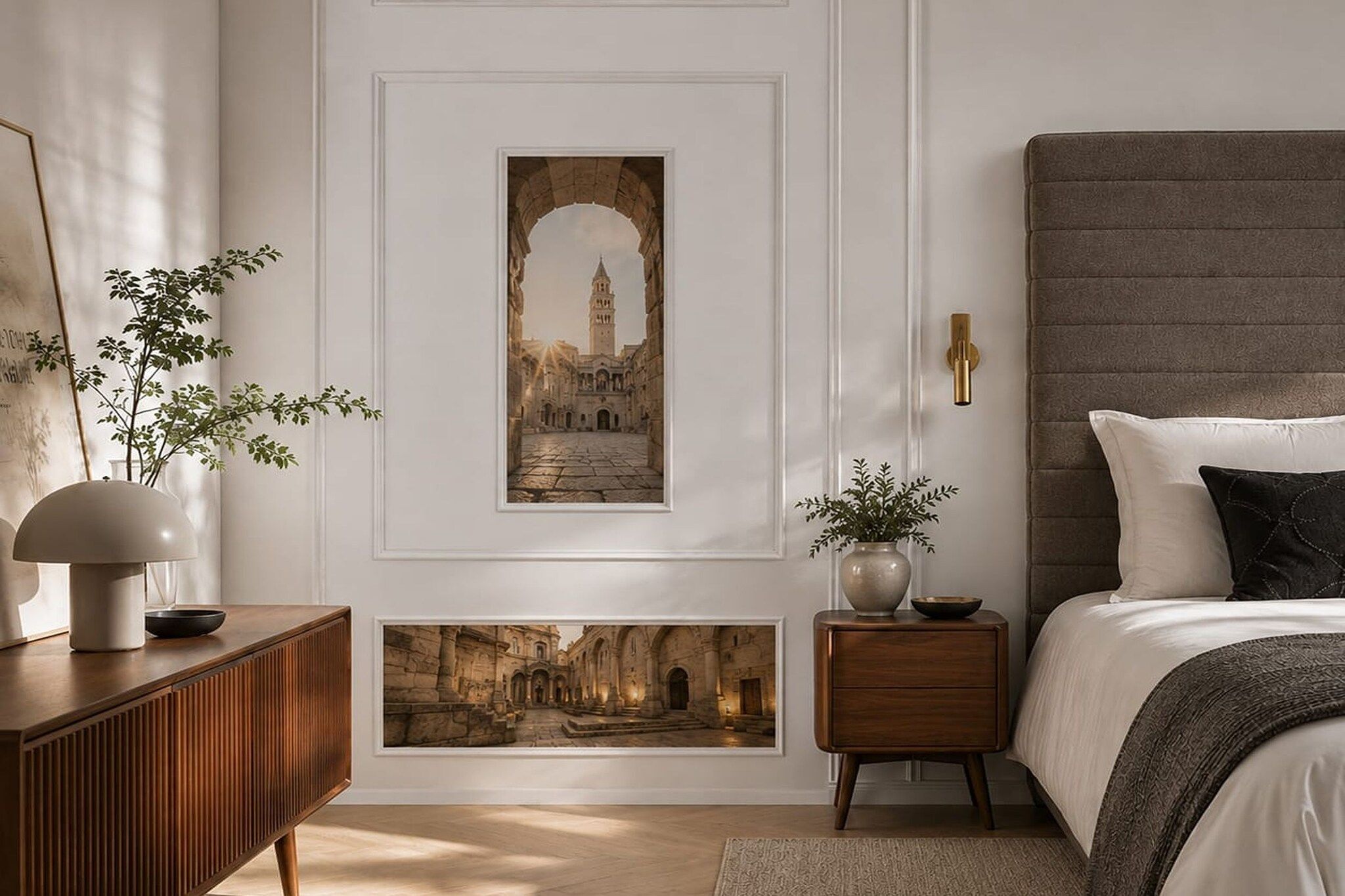 Une chambre à coucher avec un lit, une table de chevet, une lampe et deux tableaux encadrés accrochés au mur.