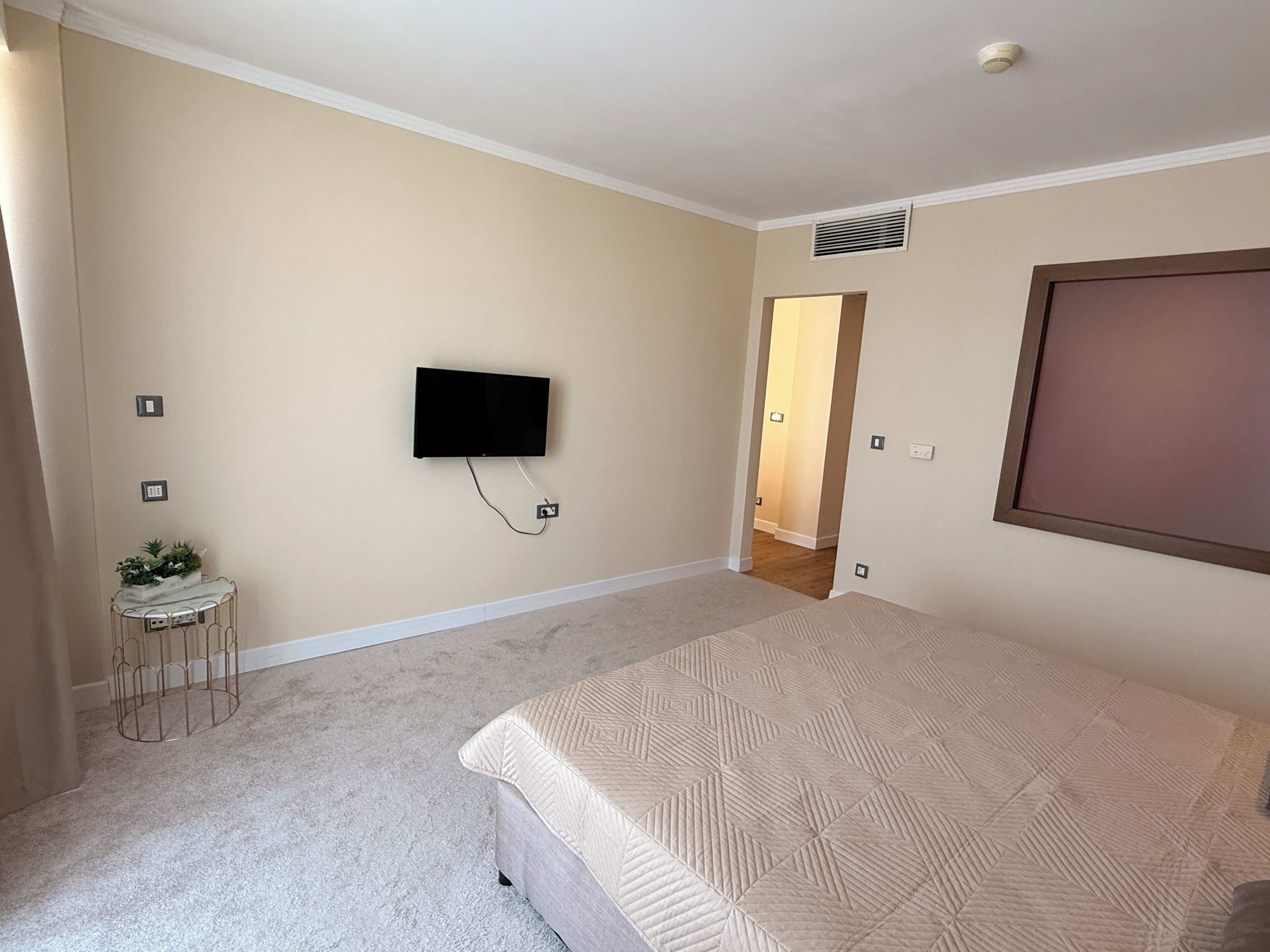 A bedroom with a bed, a television mounted on the wall, a small table with a plant, and a door leading to another room.