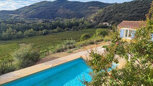 Une piscine avec vue sur un vignoble et, au loin, sur des montagnes.
