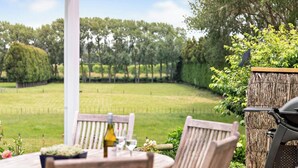 Patio esterno con tavolo e sedie, un barbecue e vista su un vigneto.