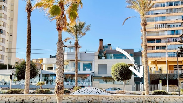 Un bâtiment moderne doté d’une façade en verre incurvée, de palmiers et d’un mur de pierre au premier plan.