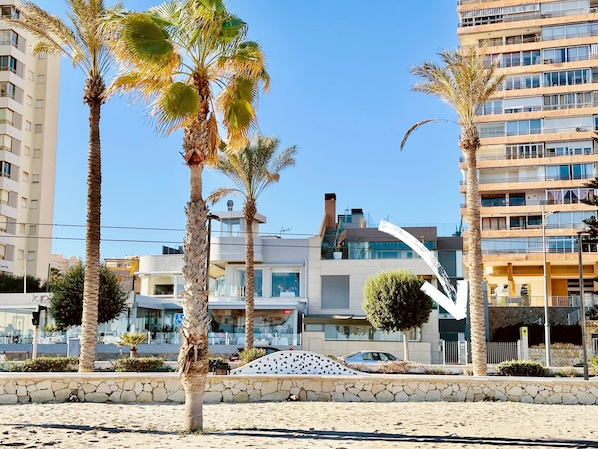 Un edificio moderno con fachada de vidrio curva, palmeras y un muro de piedra al frente.