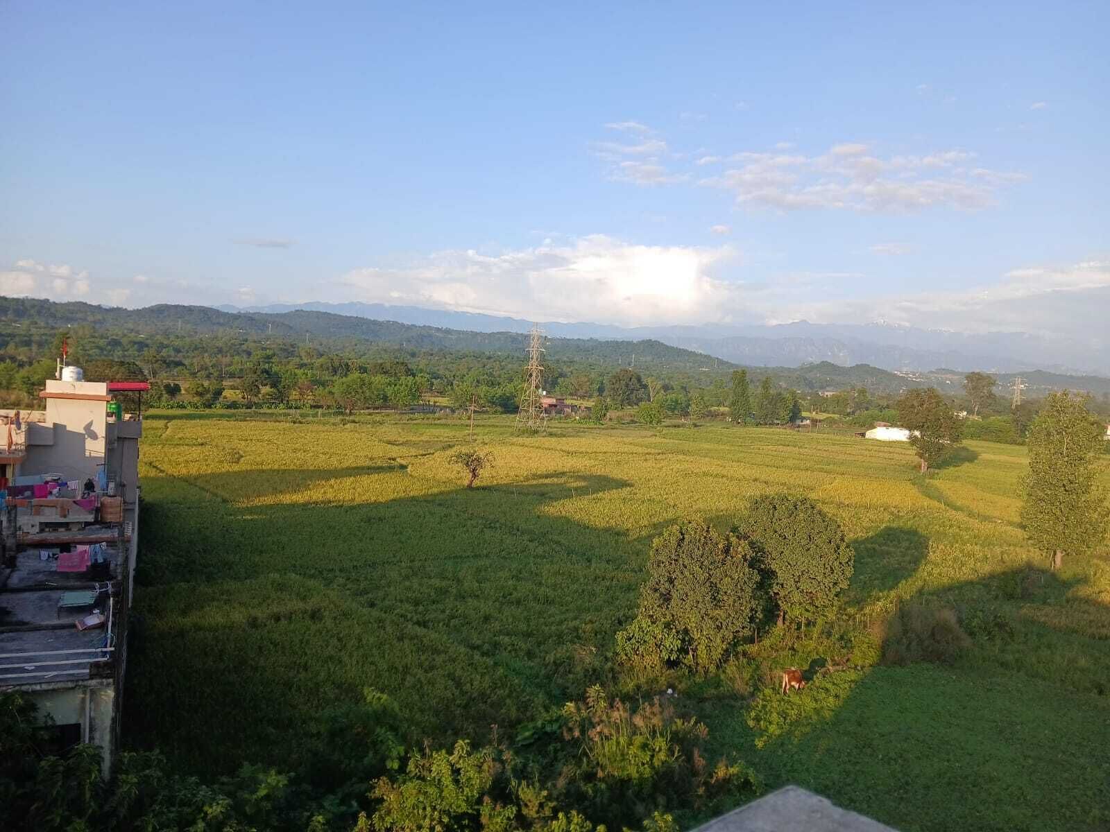 Visão de um campo verde com um edifício à esquerda e montanhas ao fundo.