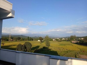 Vista desde un balcón sobre un paisaje rural con campos, árboles y montañas a lo lejos.