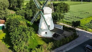 A windmill with a white body and green blades, surrounded by greenery and a road. - Holiday Home 'Windmill Betty by the North Sea' with Private Terrace, Private Garden and Wi-Fi (Cuxhaven)