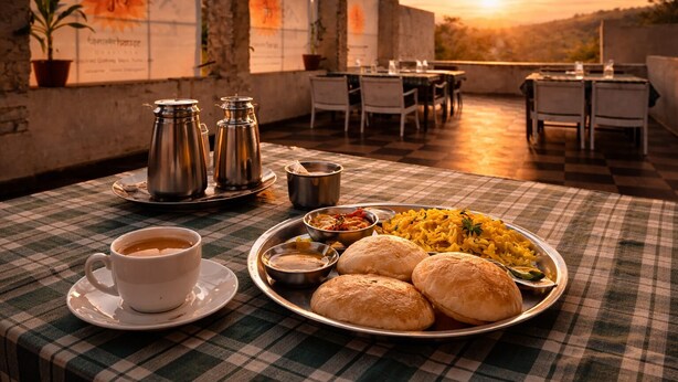 Un comedor con mantel a cuadros, un plato de comida, una taza de café y dos recipientes de metal sobre una mesa.