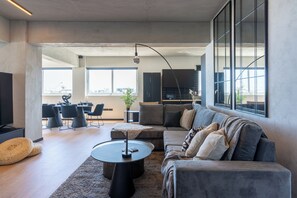 Apartment, 3 Bedrooms, Balcony, Sea View | Living room | 65-inch Smart TV with digital channels, streaming services - The Penthouse - 3BR Seaview in Larnaca (Larnaca)