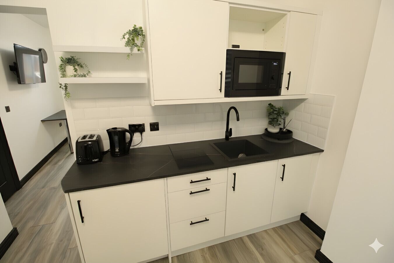 Fridge, microwave, stovetop, electric kettle