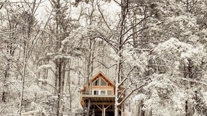 A cabin surrounded by snow-covered trees. - Stunning Pet-Friendly Treehouse for Relaxing Glamping Retreats in North Carolina (Cantón)