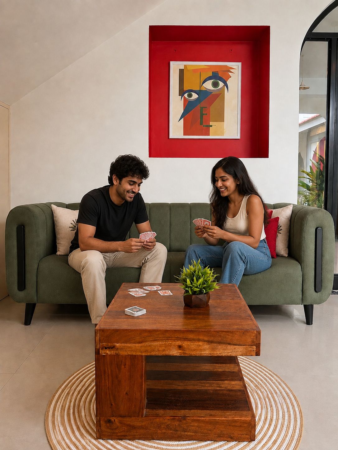 A living room with a green sofa, a wooden coffee table with playing cards, and a framed abstract painting on the wall.